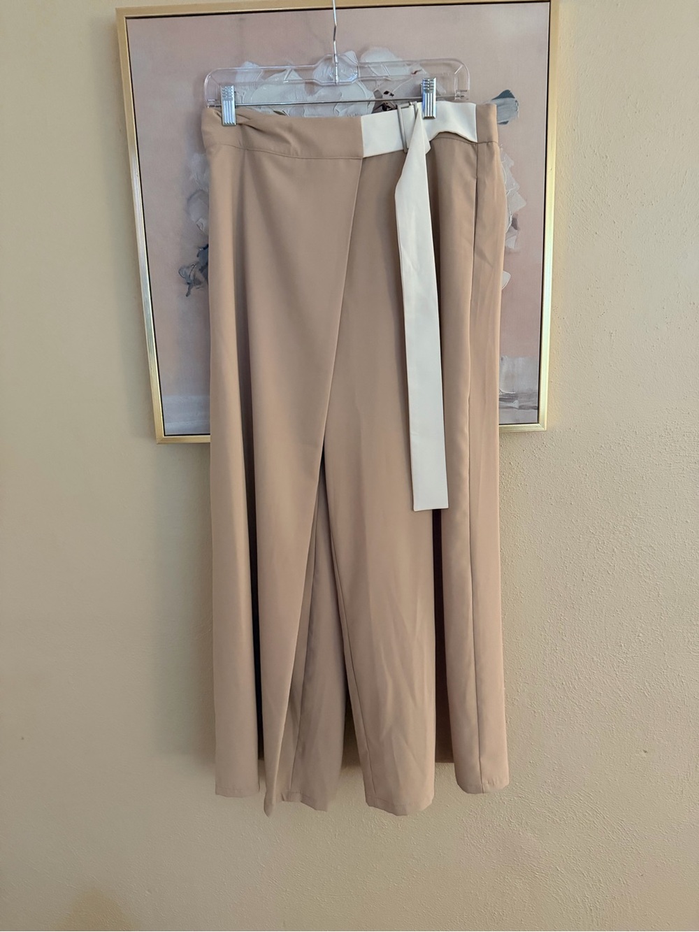 Paisie Wrap Front Tie Waist Wide Leg Trousers | Beige & Ivory | Size 14 | EUC